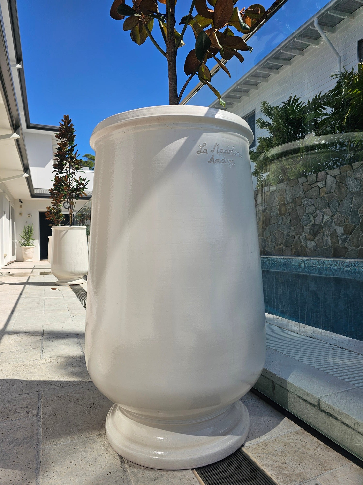 White Olive Oil Pot Sitting Next To Pool
